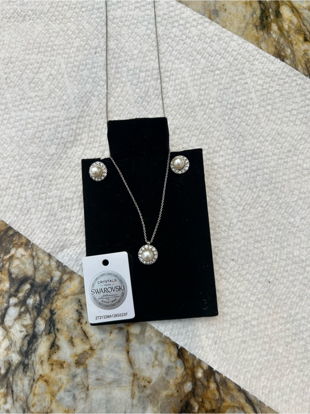 Swarovski Silver Necklace and Pearl Halo Stud Earrings Set